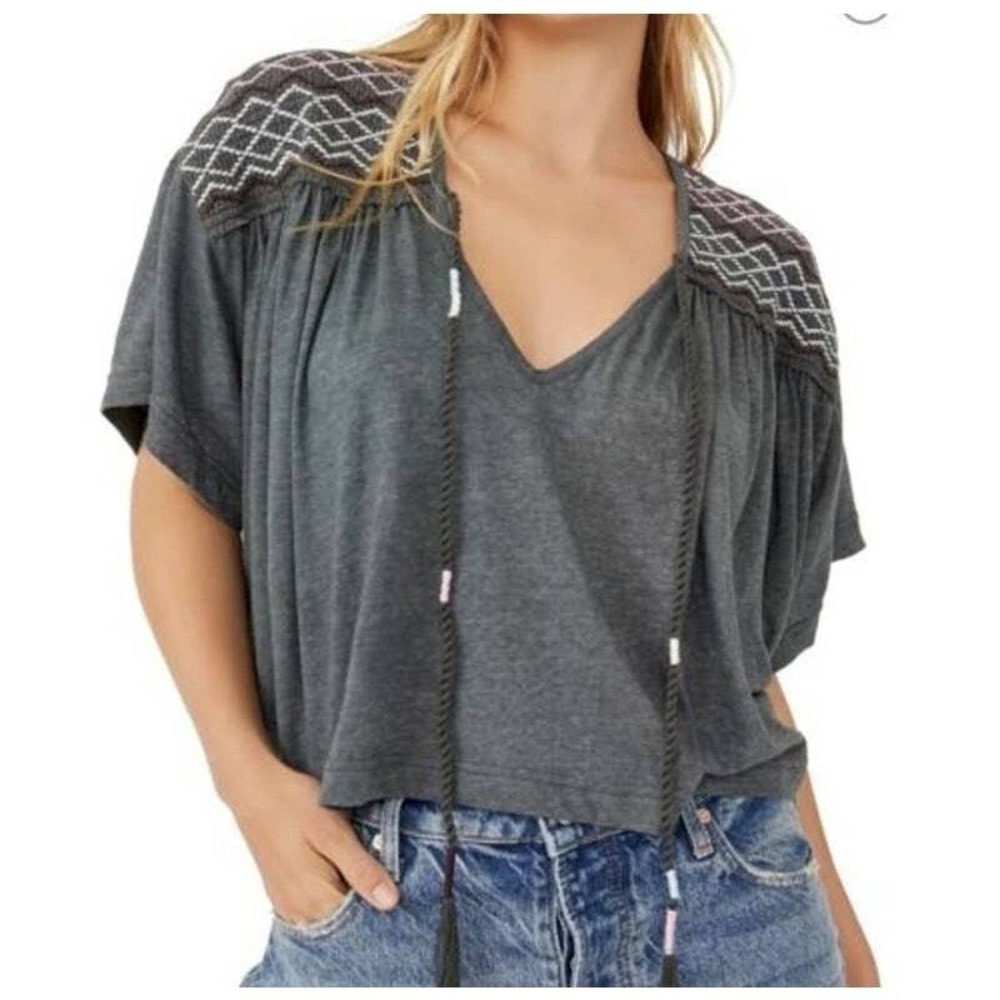 Free People Boxy Top Womens‎ XS Washed Black Market Embroidered Bohemian Blouse